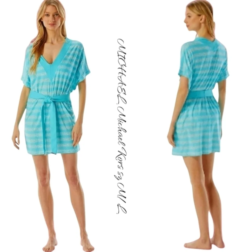 Michael Kors Kytoto Stripe V-Neck Belted Tunic Swim Cover-Up Blue Large NWT